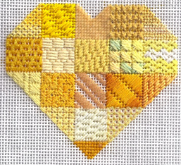 canary sapphire heart needlepoint stitch sampler, designed by Janet Perry
