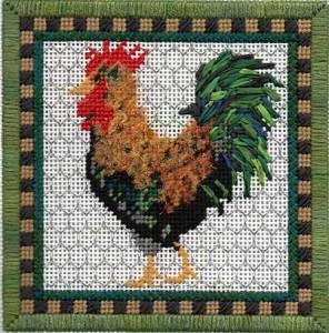 rooster needlepoint with blackwork and silk ribbon, designed by Kelly Clark, stitch guide by needlepoint expert Janet M. Perry