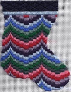 needlepoint bargello mini-sock based on amish bargello quilt, adapted and stitched by needlepoint expert janet m. perry