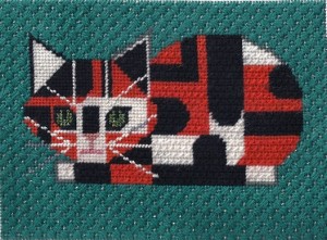 charley harper needlepoint calico cat, stitched by needlepoint expert janet m. perry