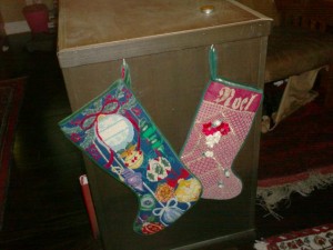 My stocking (on right) remains one of my favorite projects. (copyright Napa Needlepoint)