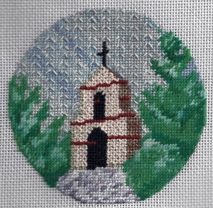 needlepoint California mission with sky stitched in Continental & overstitching