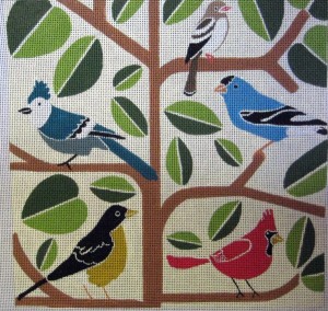 birds in a tree, mid-century modern needlepoint