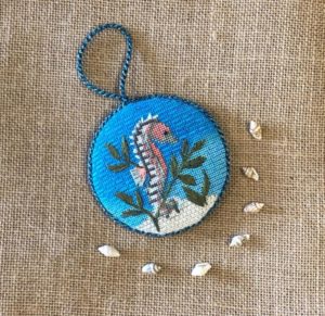 Amanda law ford seahorse round needlepoint with free stitch guide