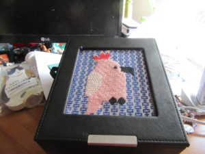 pink cockatoo needlepoint in Lee leather box