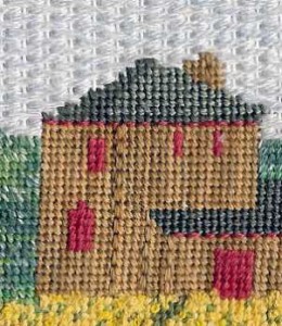 pattern darning as method for needlepoint sky in napa valley landscape designed by Janet Perry