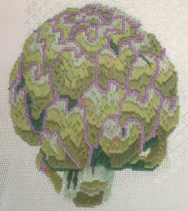 artichoke hand paint canvas needlepoint by jean smith, done in longstitch
