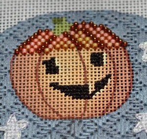 Beaded Pumpkin needlepoint using beaded brick stitch