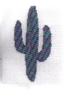needlepoint cactus on metallic canvas and metallic threads, stitched by janet perry