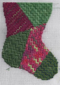 needlepoint stitch sample mini-sock christmas ornament, designed by needlepoint expert janet m. perry