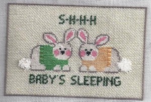 bunny baby needlepoint gift, stitched by needlepoint expert janet m perry