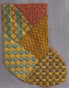 needlepoint stitch sampler mini-sock, learn a stitch, designed by needlepoint expert janet m. perry