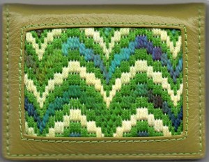 bargello needlepoint coin purse stitched using fingering weight koigu yarn, designed and stitched by needlepoint expert janet m. perry