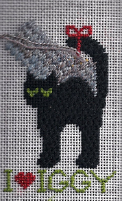 kathy schenkel black cat needlepoint canvas personalized as christmas ornament by needlepoint expert janet m. perry