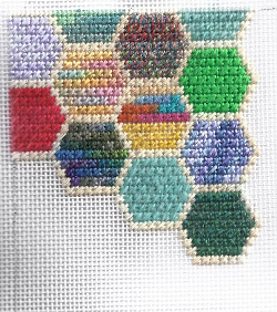 hexipuff mosaic stitch needlepoint, designed and stitched by needlepoint expert janet m. perry