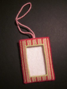 plastic canvas needlepoint picture frame ornament, designed by jenny henry