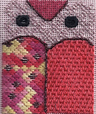 learn-a-stitch needlepoint owl, designed and stitched by needlepoint expert janet m. perry