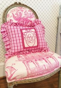pink monogram needlepoint pillow