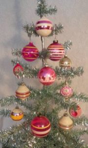 Shiny Brite ornaments on aluminum tree