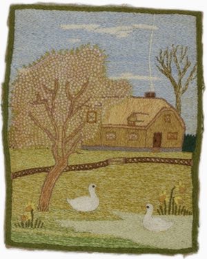 Embroidery depicting a French farmhouse