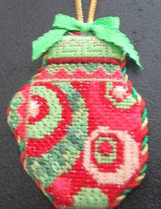 Kelly Clark needlepoint mitten ornament