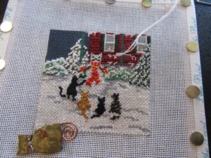 Needle Crossing Cat Snow Day canvas in progress