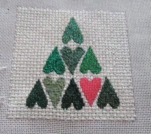needlepoint heart tree stitched with metallics and silk ribbon