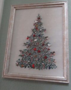 Julia's Needleworks needlepoint Christmas tree with embellishments