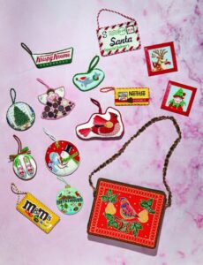 Needlepoint Christmas ornaments and purse